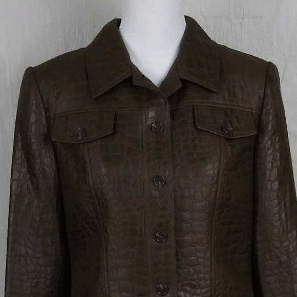 Donna Degnan Brown Snakeskin Embossed Wool Blend Button Up Long Sleeve Jacket - Picture 3 of 8